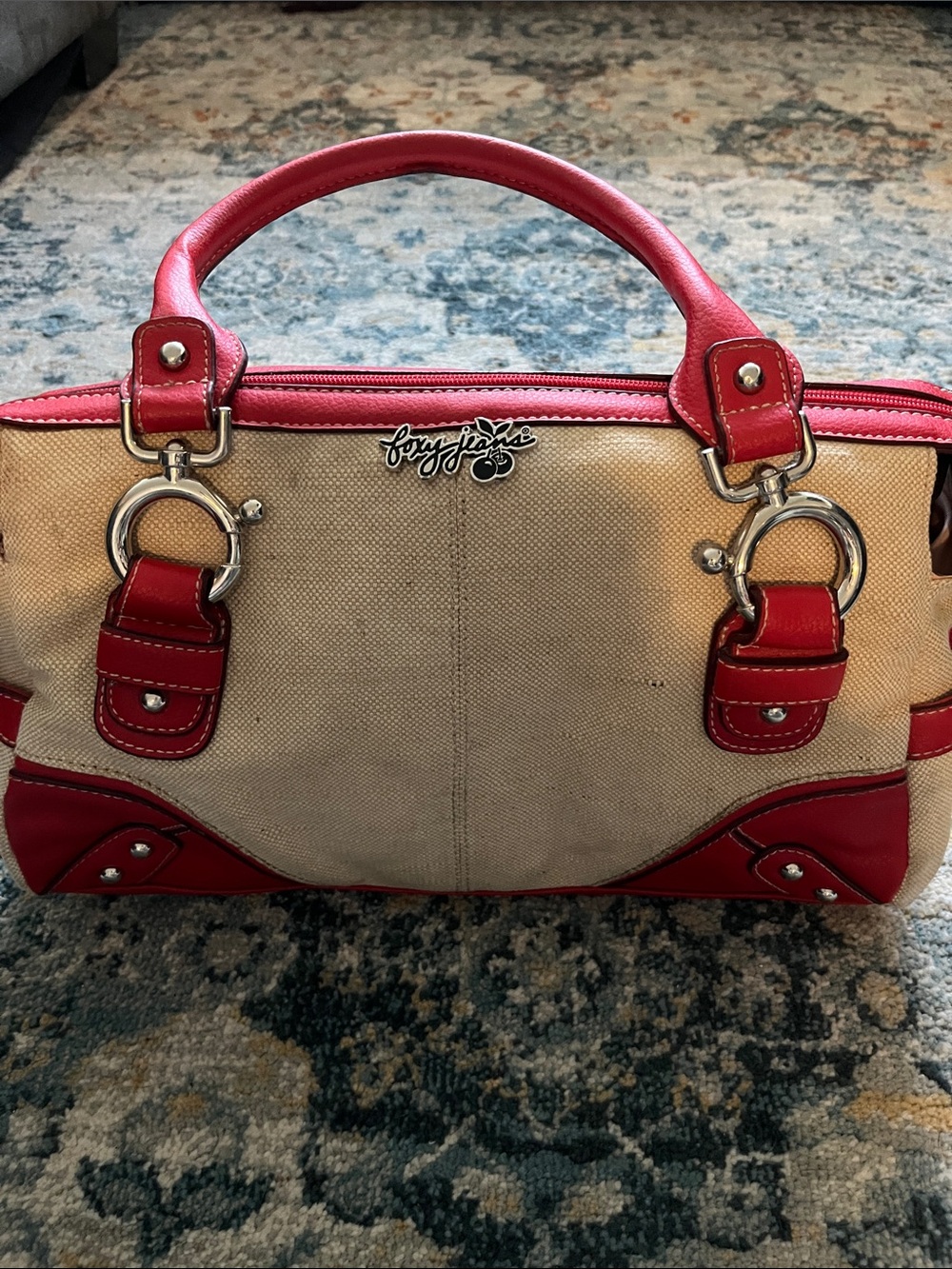 Foxy jeans Beige Canvas purse with Red Leather Trim